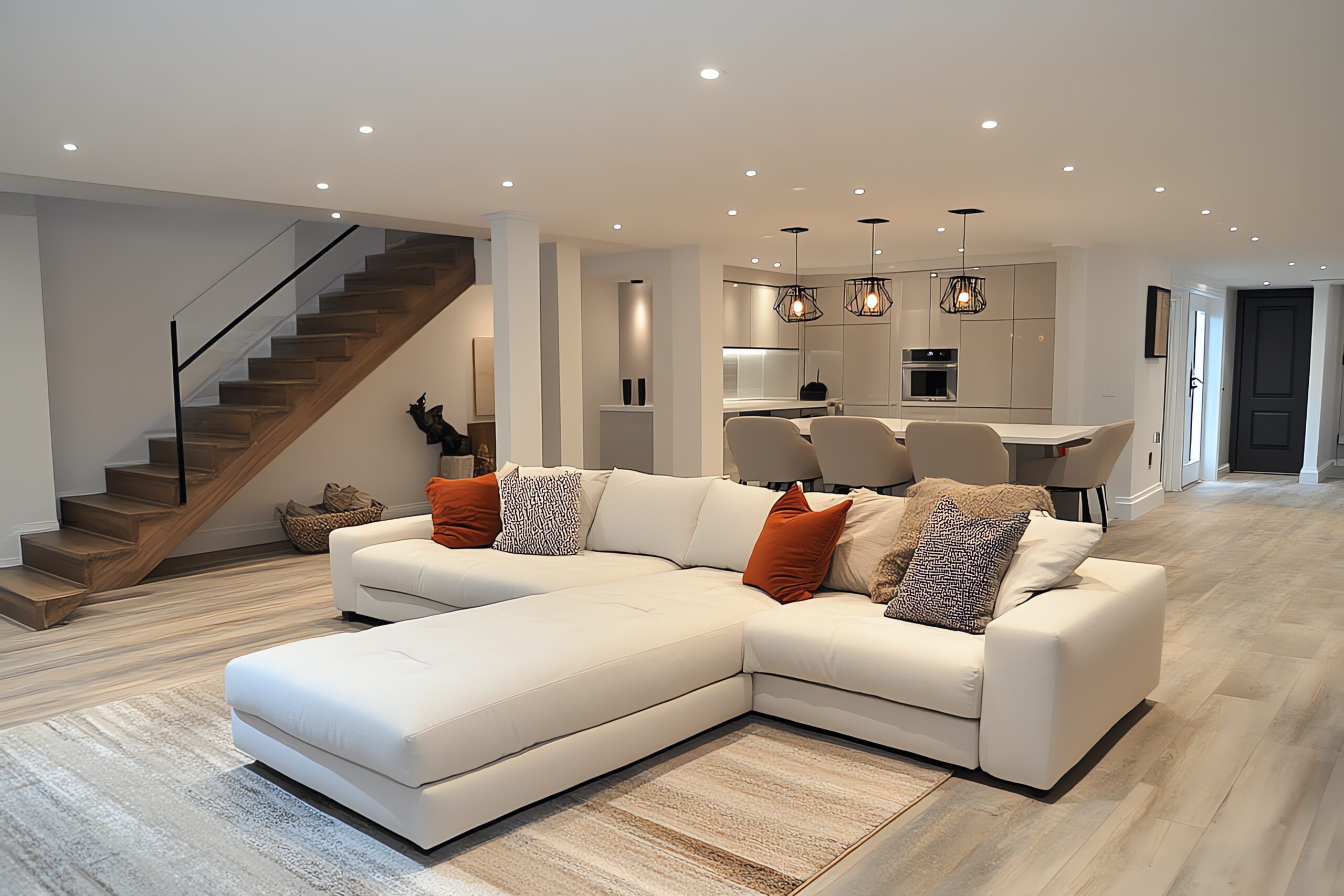 Modern living room with white sectional sofa, wooden stairs, and kitchen in the background.
