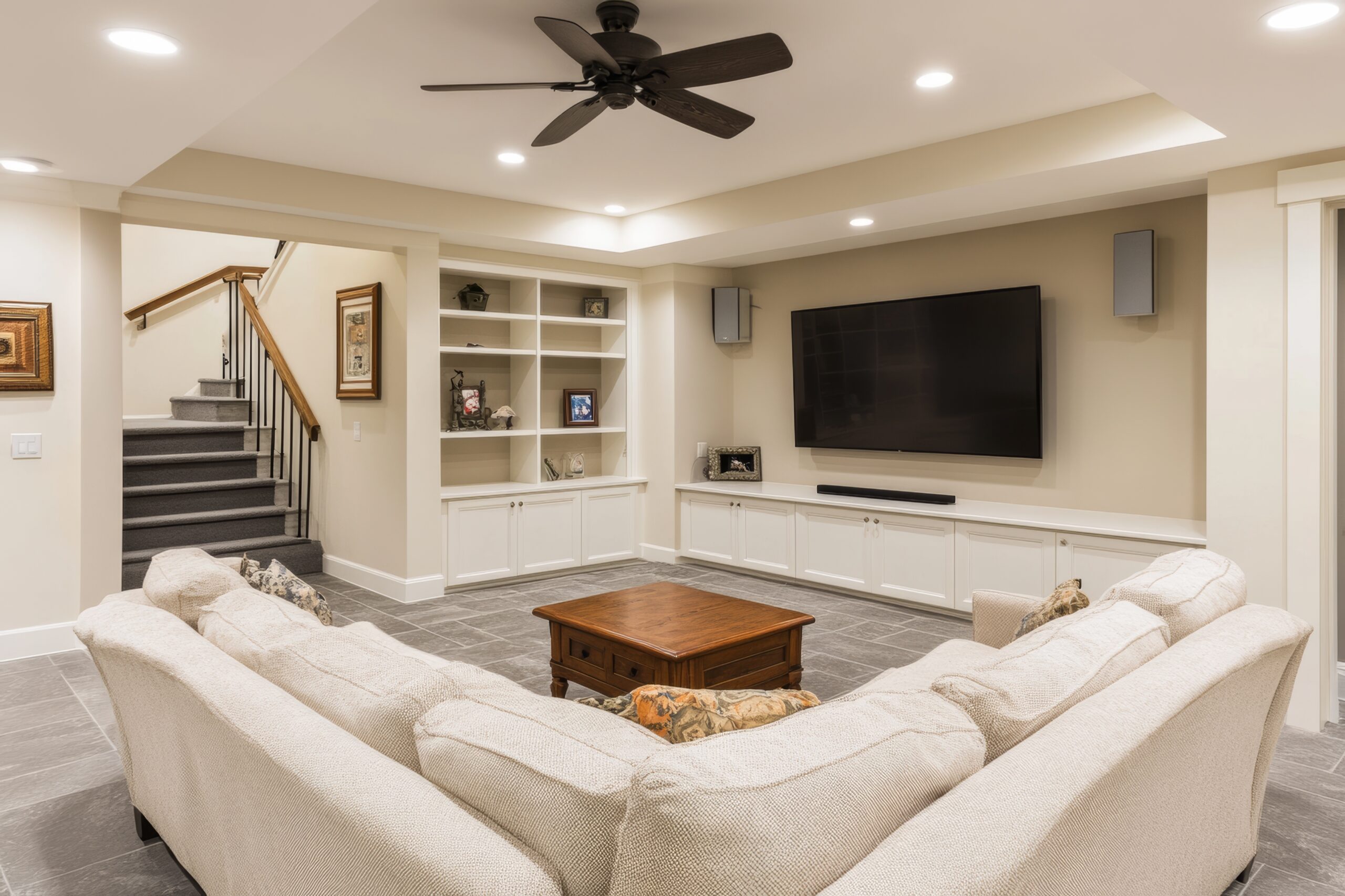 Finished basement with sectional sofa, large TV, and built-in shelving